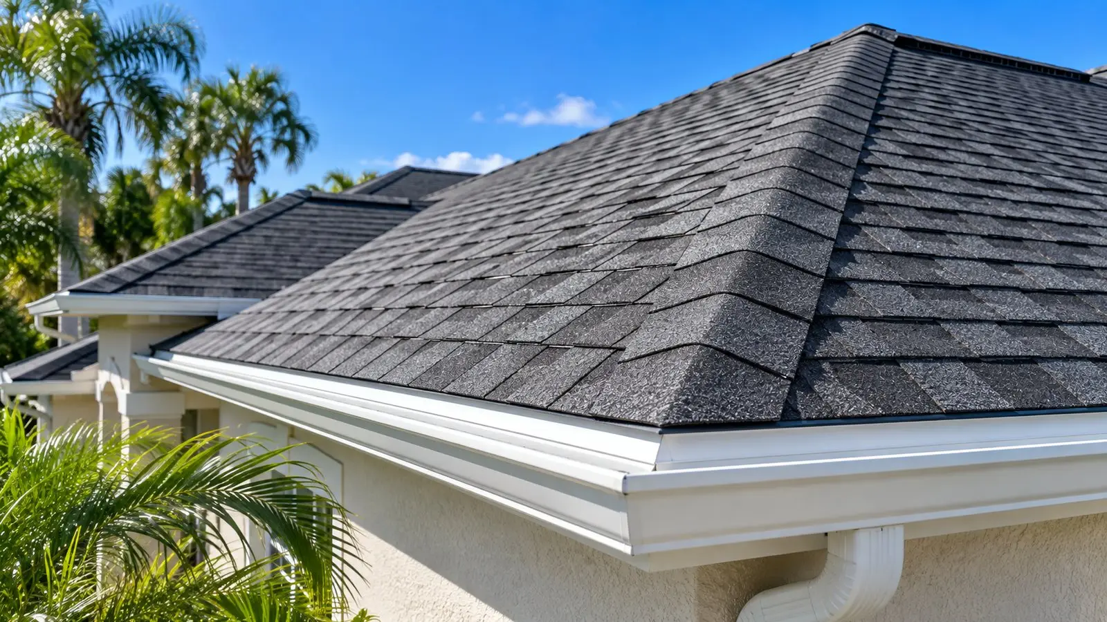 Close detail of a new architectural shingle roof with a hip ridge, white fascia and gutter on a Florida home