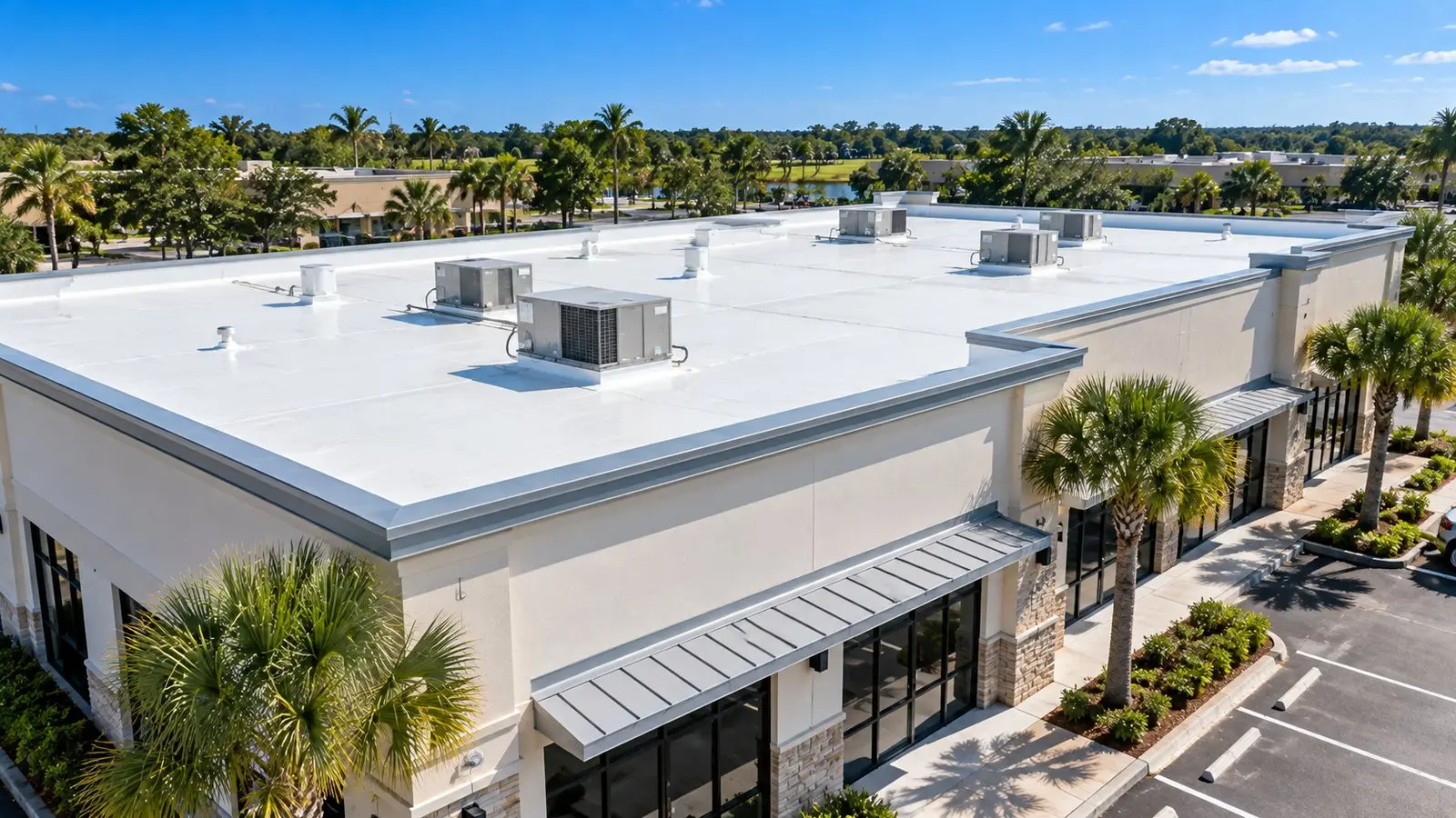 Aerial view of a white TPO flat roof with rooftop HVAC units on a Florida retail plaza