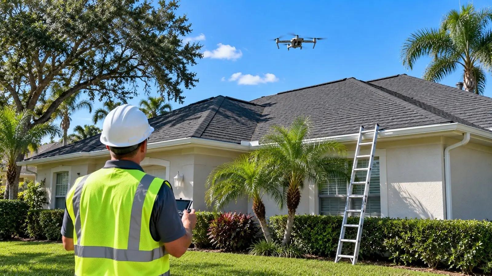 Roof inspector on the lawn flying a camera drone over a shingle roof, ladder set at the eave