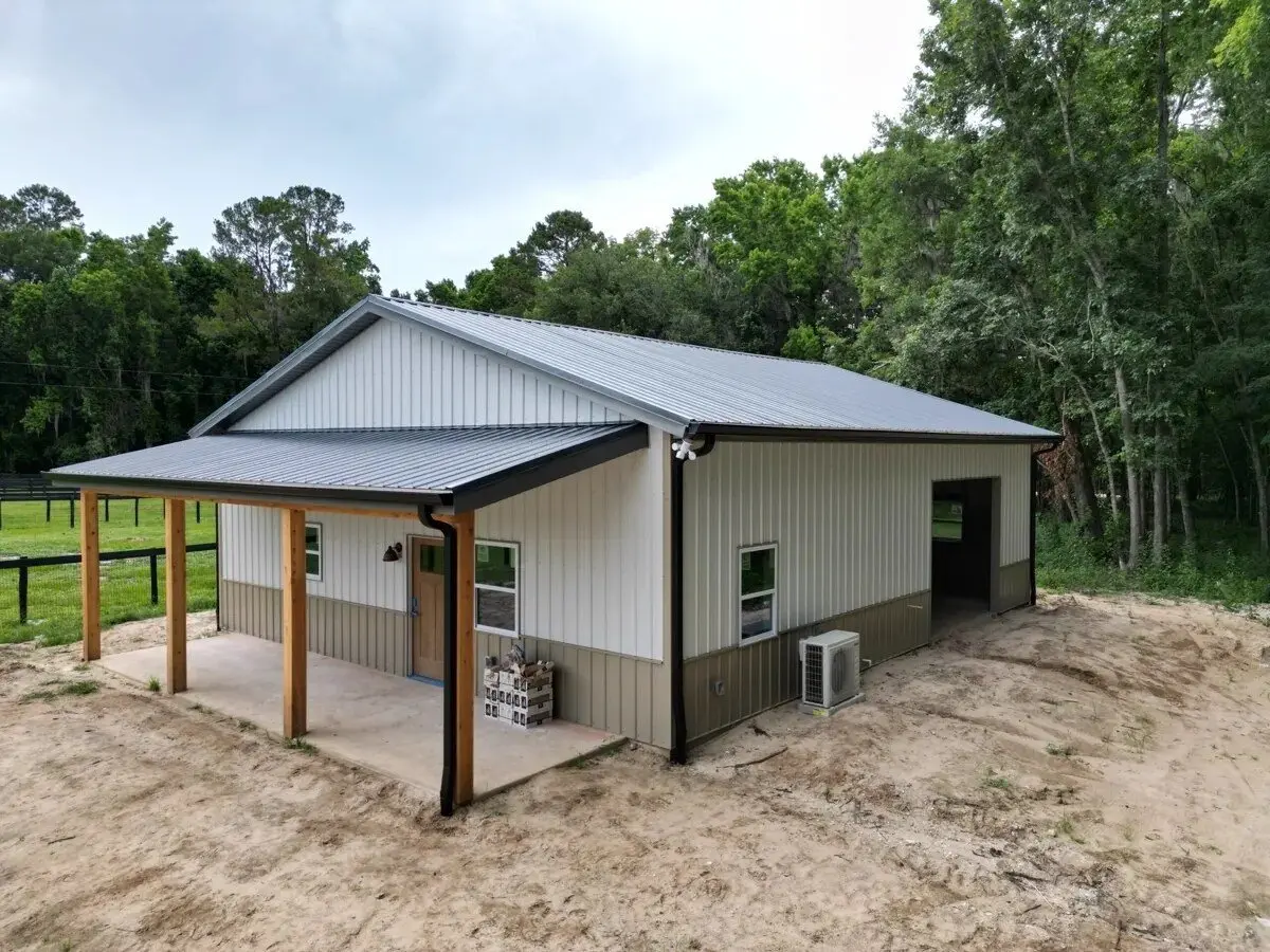 Ribbed metal roof on a small barndominium in Alachua County, FL