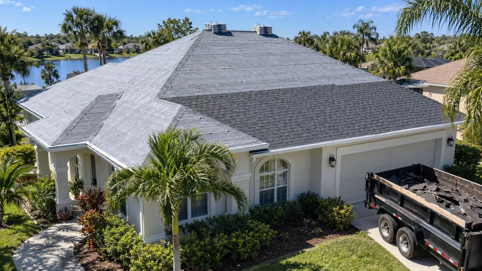 Roof replacement in progress: whole roof dried in with synthetic underlayment, new architectural shingles going on from the eave up
