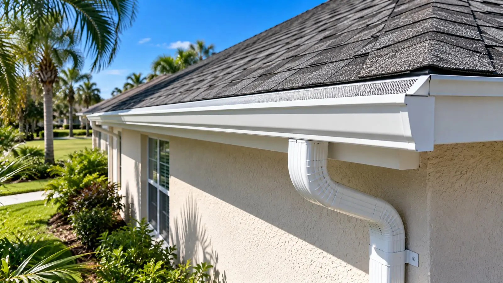 New white seamless aluminum gutters with gutter guard and a downspout along the eave of a Florida home