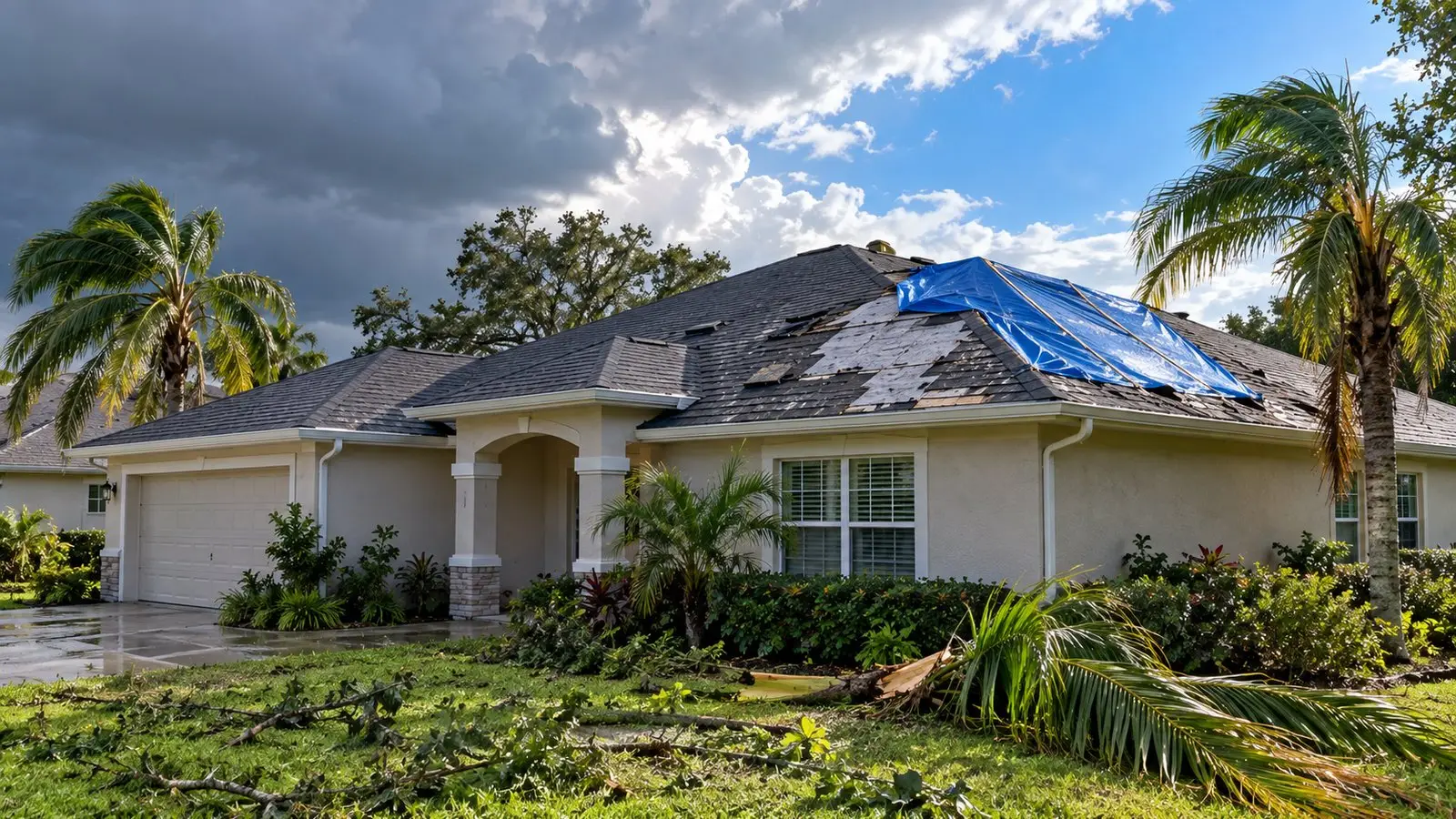 Florida home after a storm with shingles torn off one slope, a blue tarp over the damage and branches on the lawn